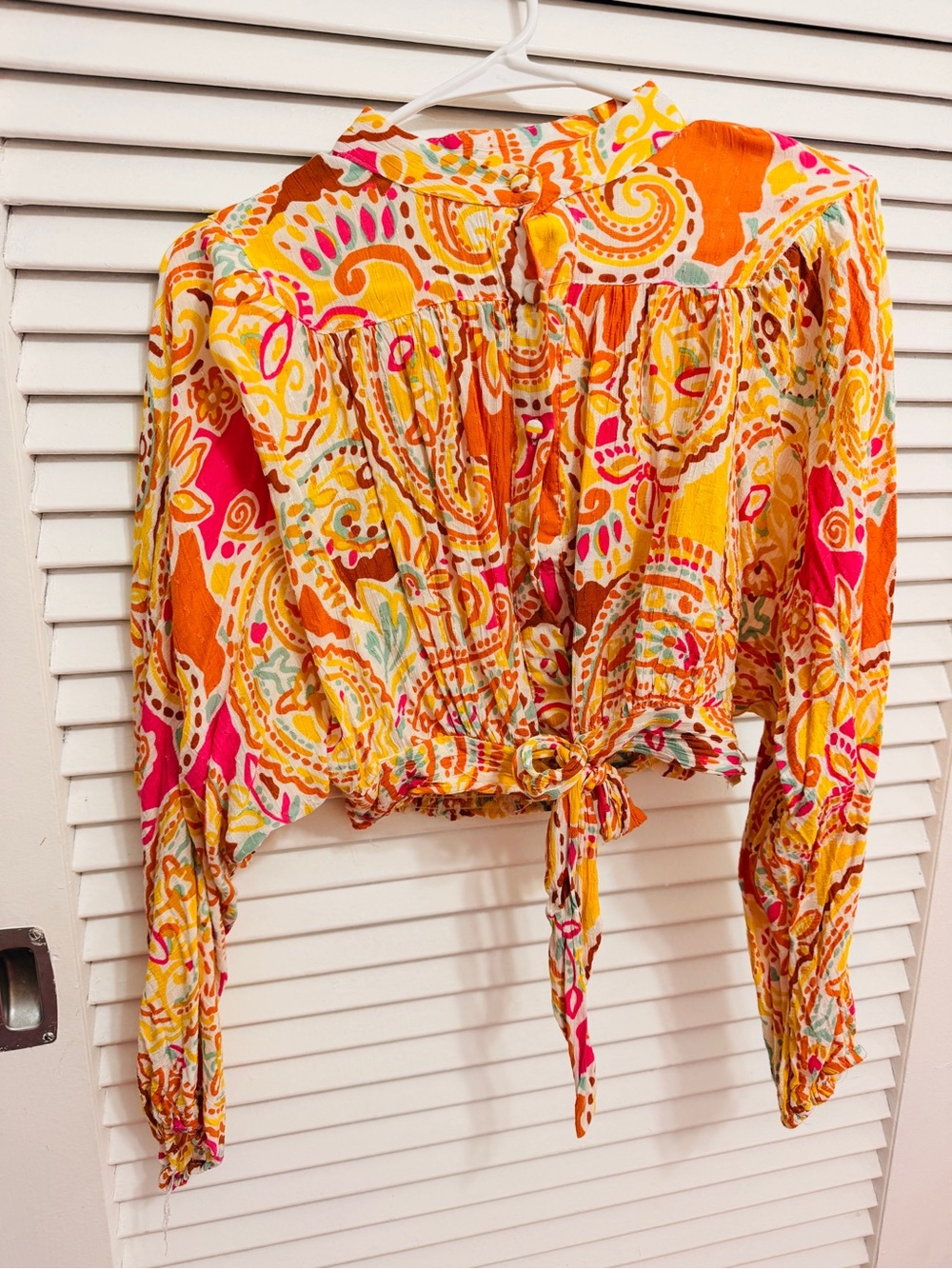 Boho Tie-Front Crop Blouse - Yellow Orange Pink Paisley